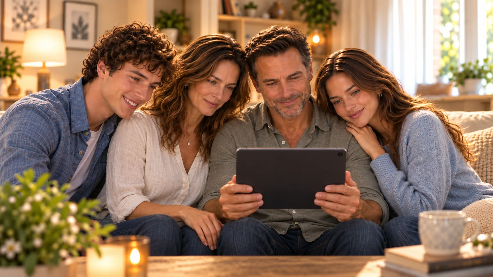Family opening preserved memories on a tablet